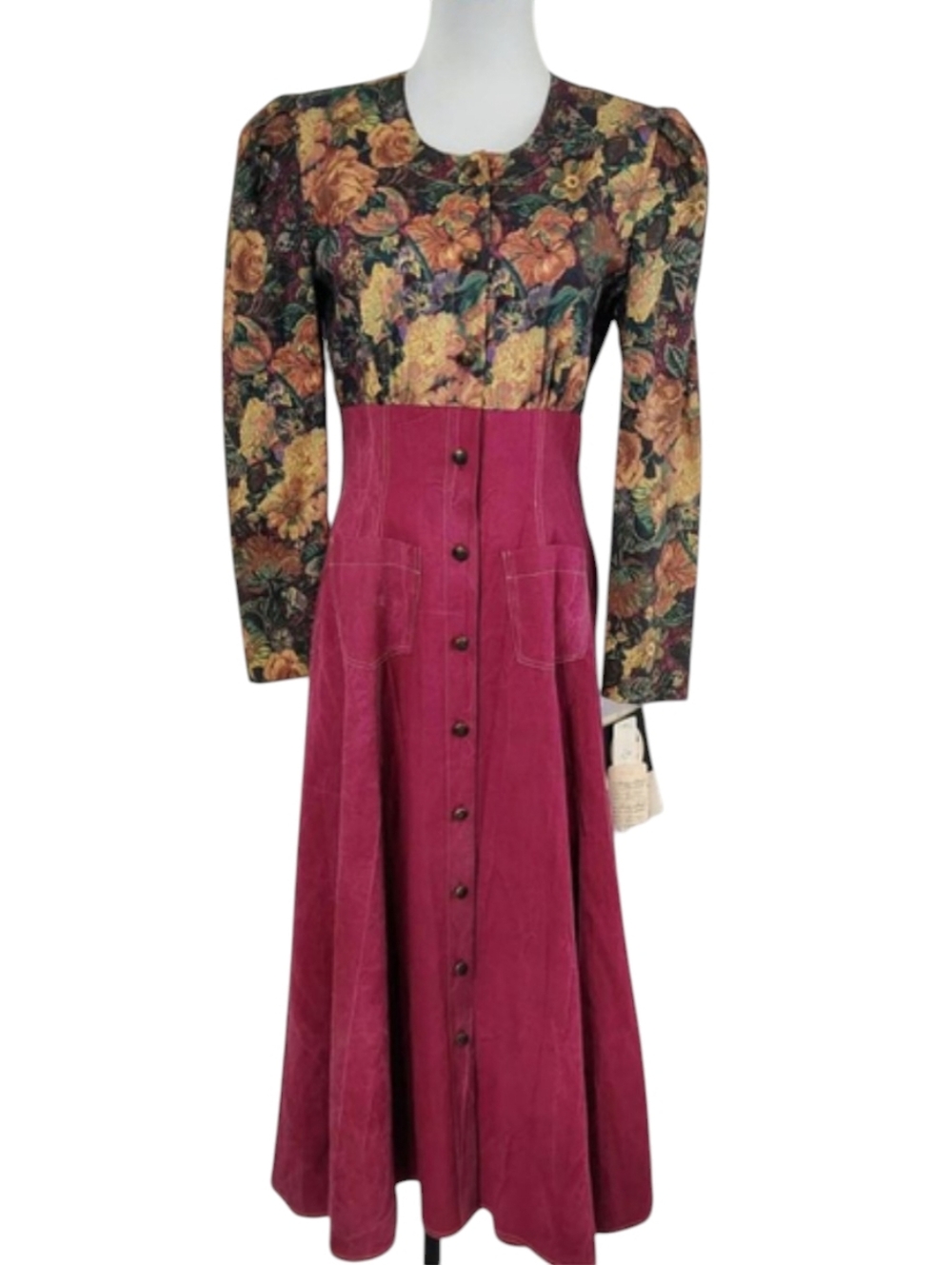 Vintage 90s Samantha Edwards Womens Maroon Floral Tapestry Maxi Dress size 5/6